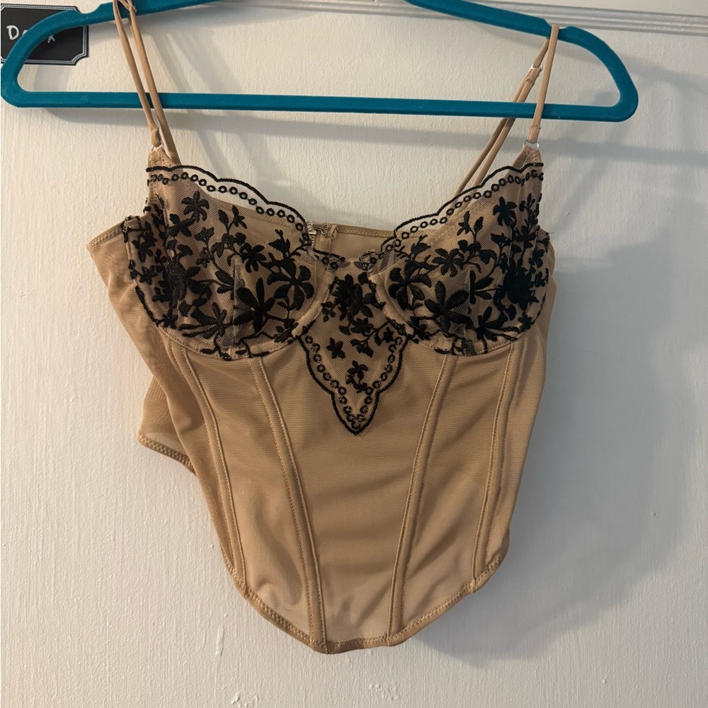 White Fox Tan and Black Embroidered Corset Top
